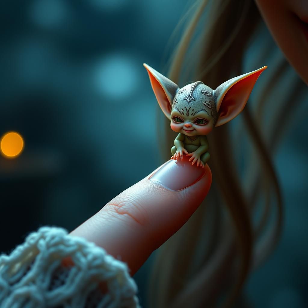 Miniature Goblin Perched on a Human Finger