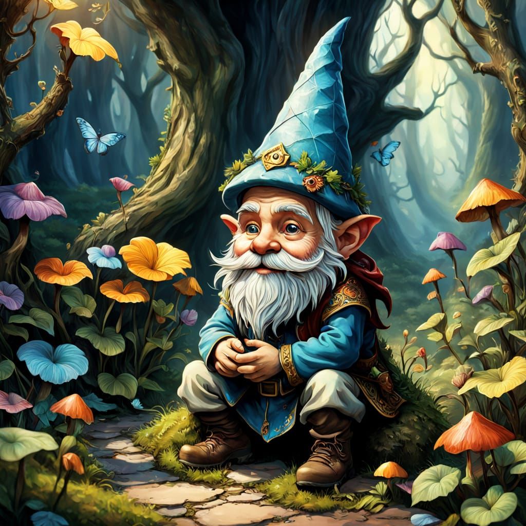 Whimsical Cartoon Gnome in Vibrant Fantasy Setting