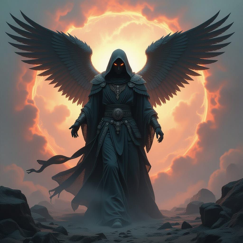 Dark Angel Emerges from Cosmic Vortex in Tribal War Paint