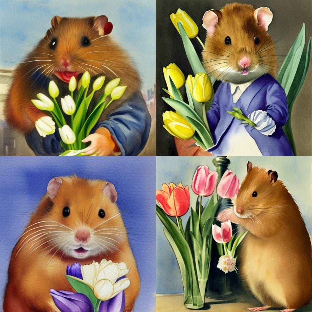 Giant Hamster with Tulips in Amsterdam Watercolor