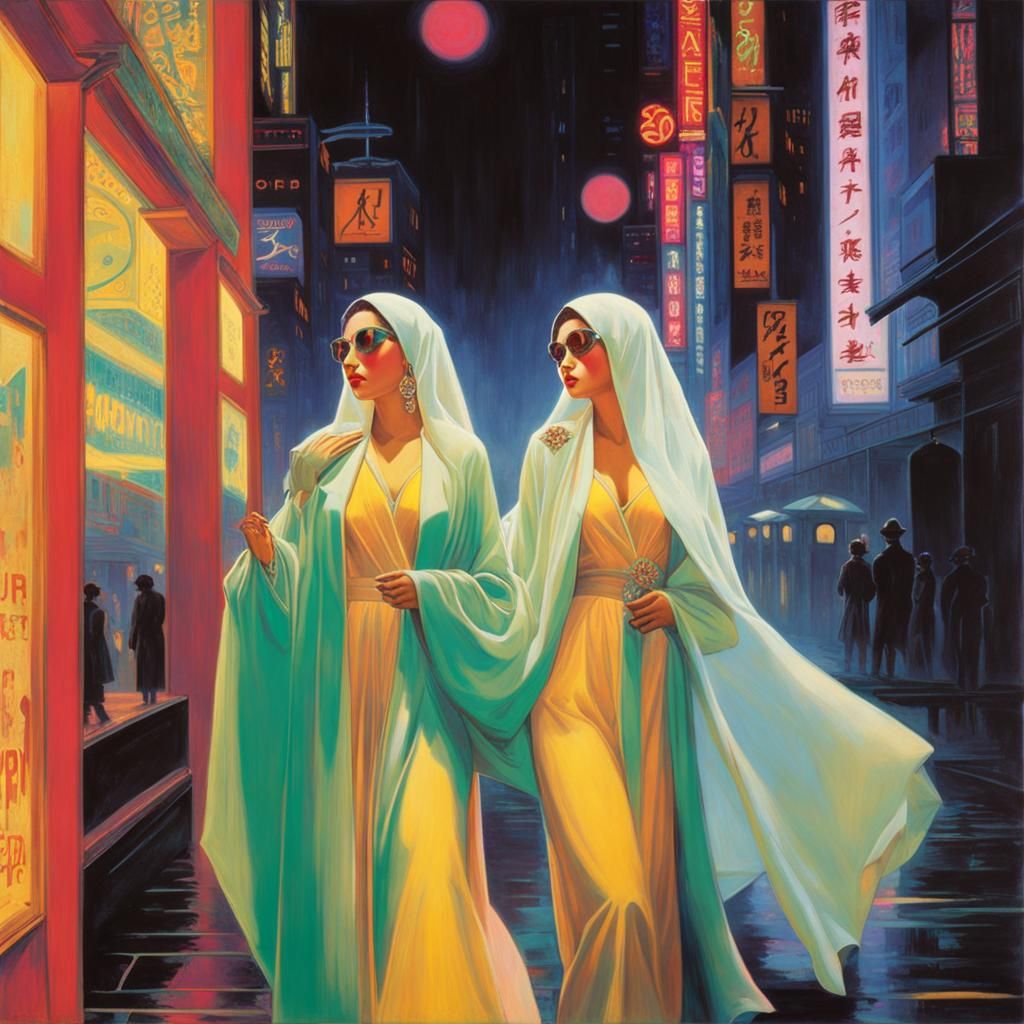 art by Abdur-Rahman Chughtai, Dante Gabriel Rossetti, futuristic lesbian pulp fiction, two women in a neon-lit Tokyo of ...
