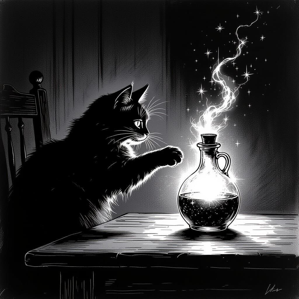 Mischievous Cat Silhouetted Against Magic Potion