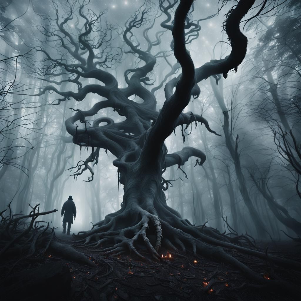Eerie Figure in Misty Dark Fantasy Forest