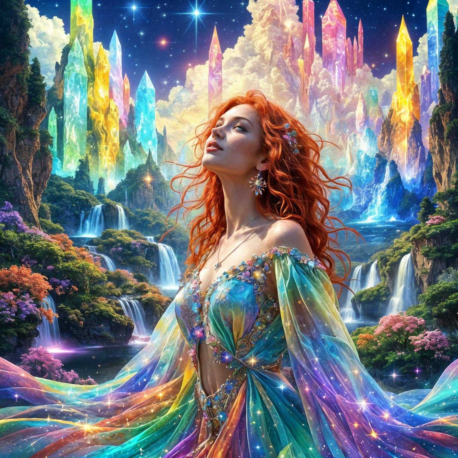 Joyful Woman Embodiment in Rainbow Aura Quartz Crystal