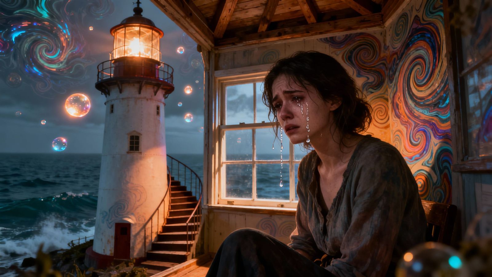 Sad Woman Crying in Lighthouse Diorama, Trippy 8k Artwork