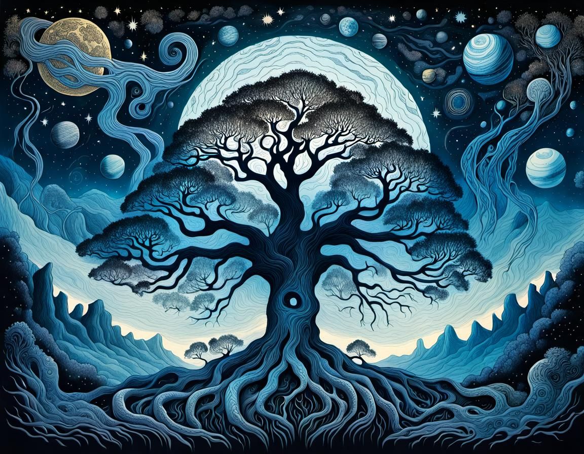 Cosmic Tree Etching with Mythical Roots
