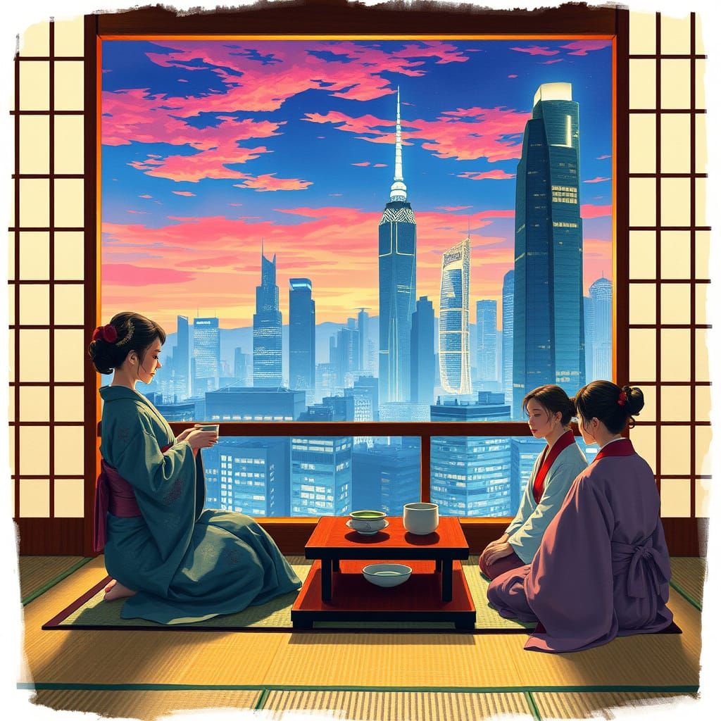 Japanese Tea Ceremony in Futuristic Cityscape