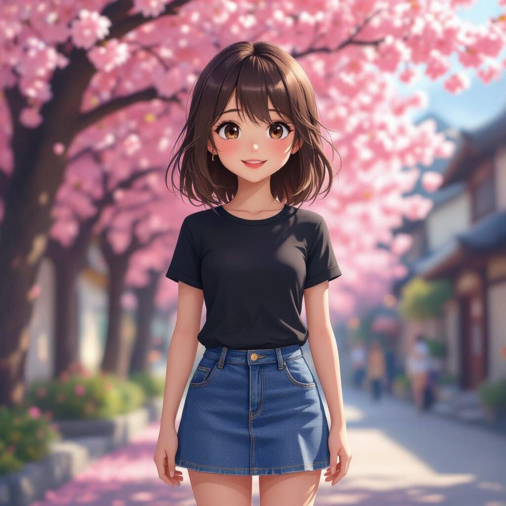 Young Girl Smiling Among Blooming Sakura Trees