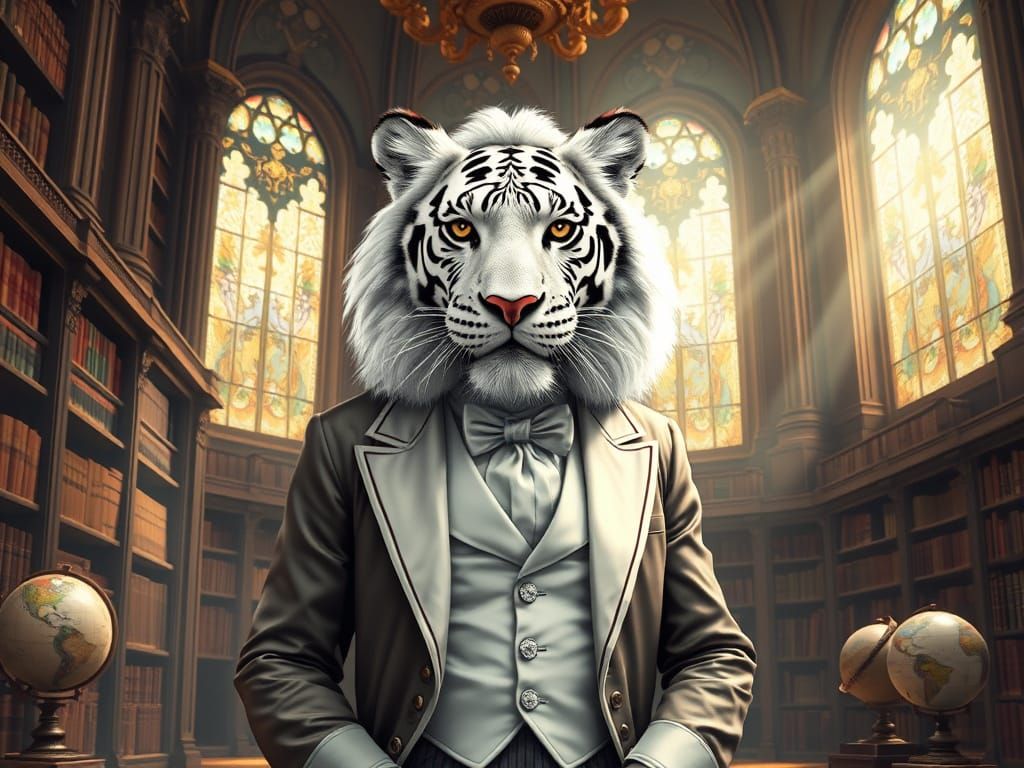 Victorian Tiger Gentleman in Grand Library Portrait
