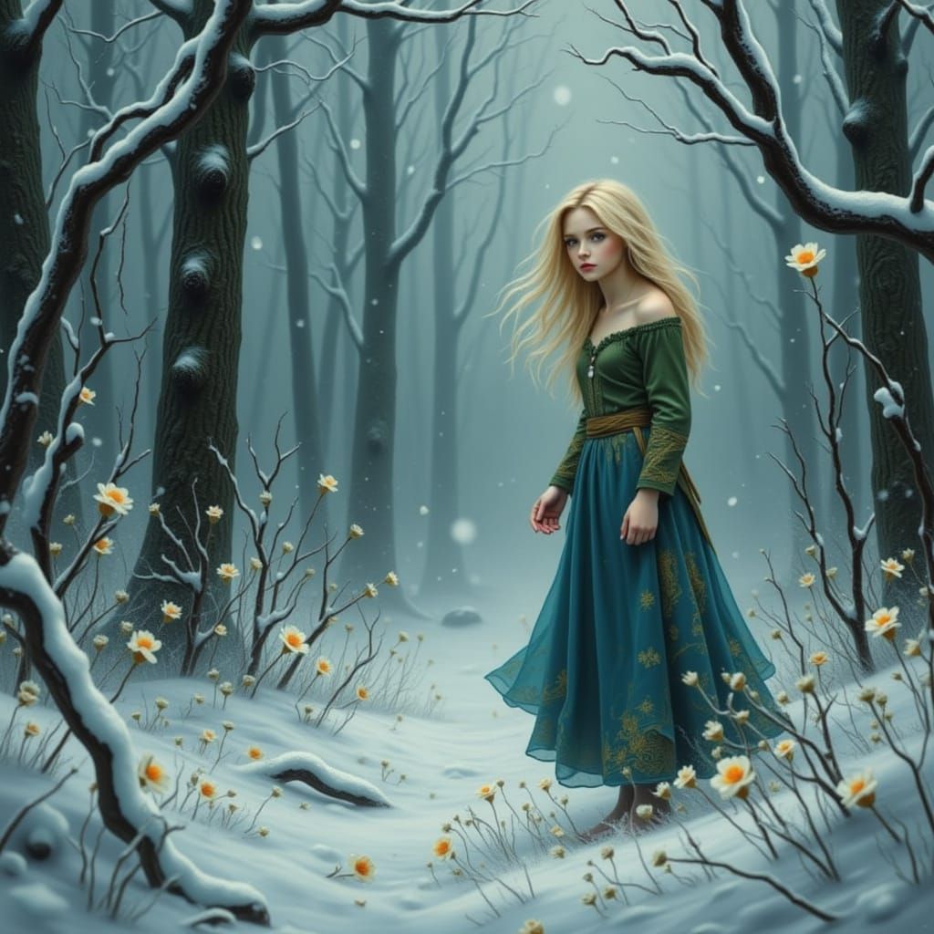 Girl in Snowy Enchanted Forest with Blooming Flowers