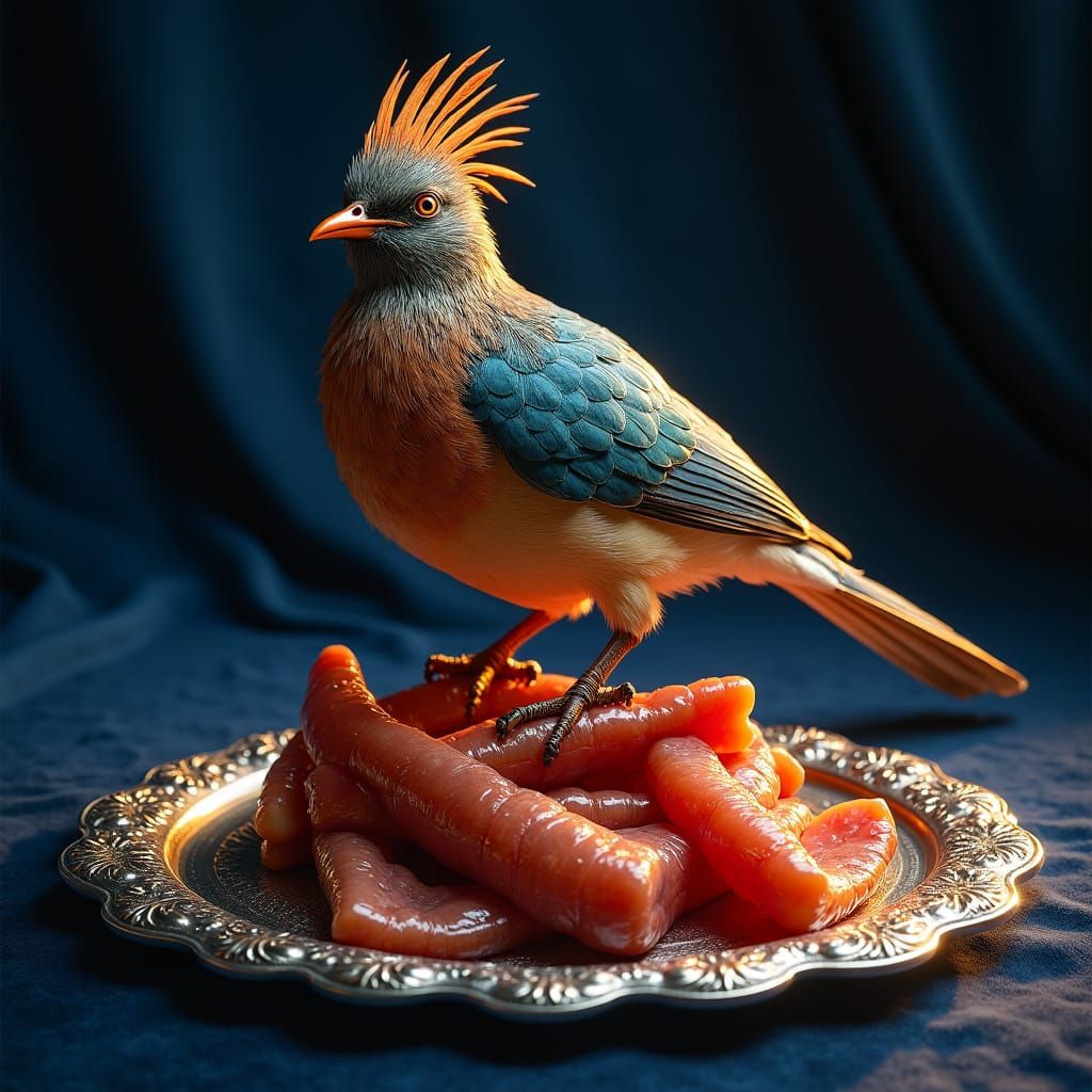 Iridescent Bird Perched on Ham Plate