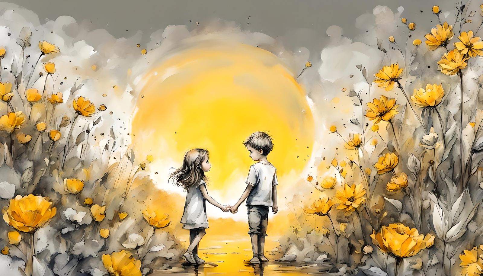 Boy Offers Girl Flowers at Golden Sunrise: Ink Art