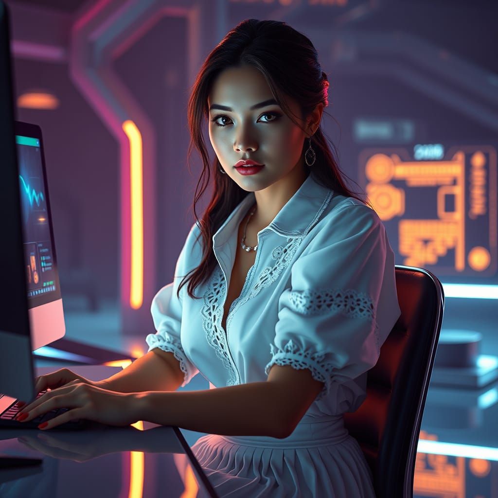Serene Woman in Futuristic Workspace
