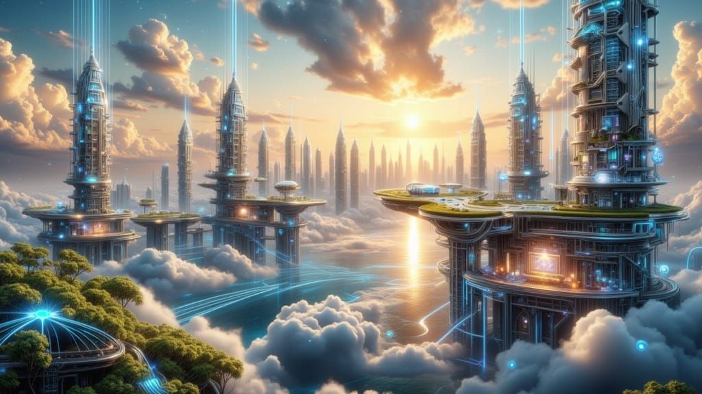 Futuristic Eco-City Floating Above Clouds at Golden Hour