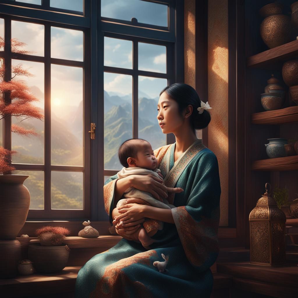 Asian Woman with Newborn: Detailed Fantasy Art