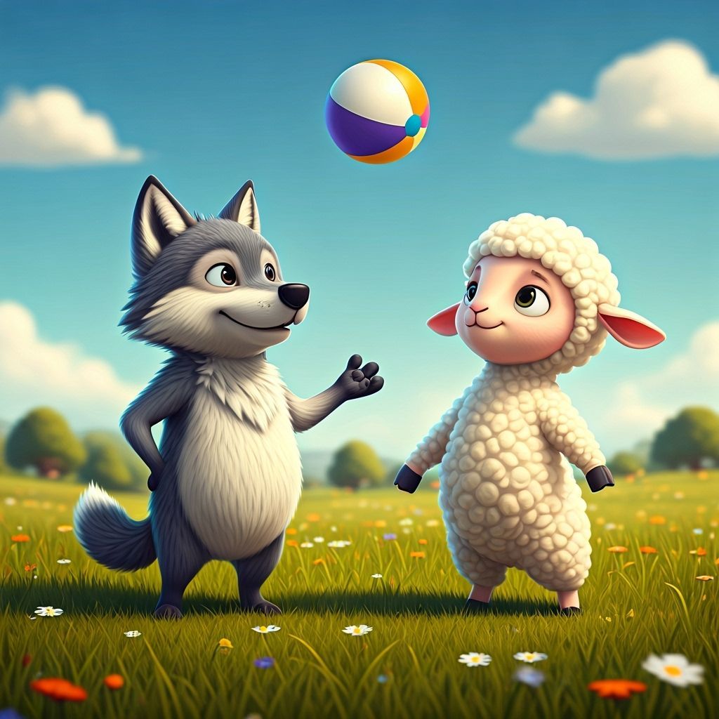 Wolf and Lamb Play Catch in Sunny Meadow