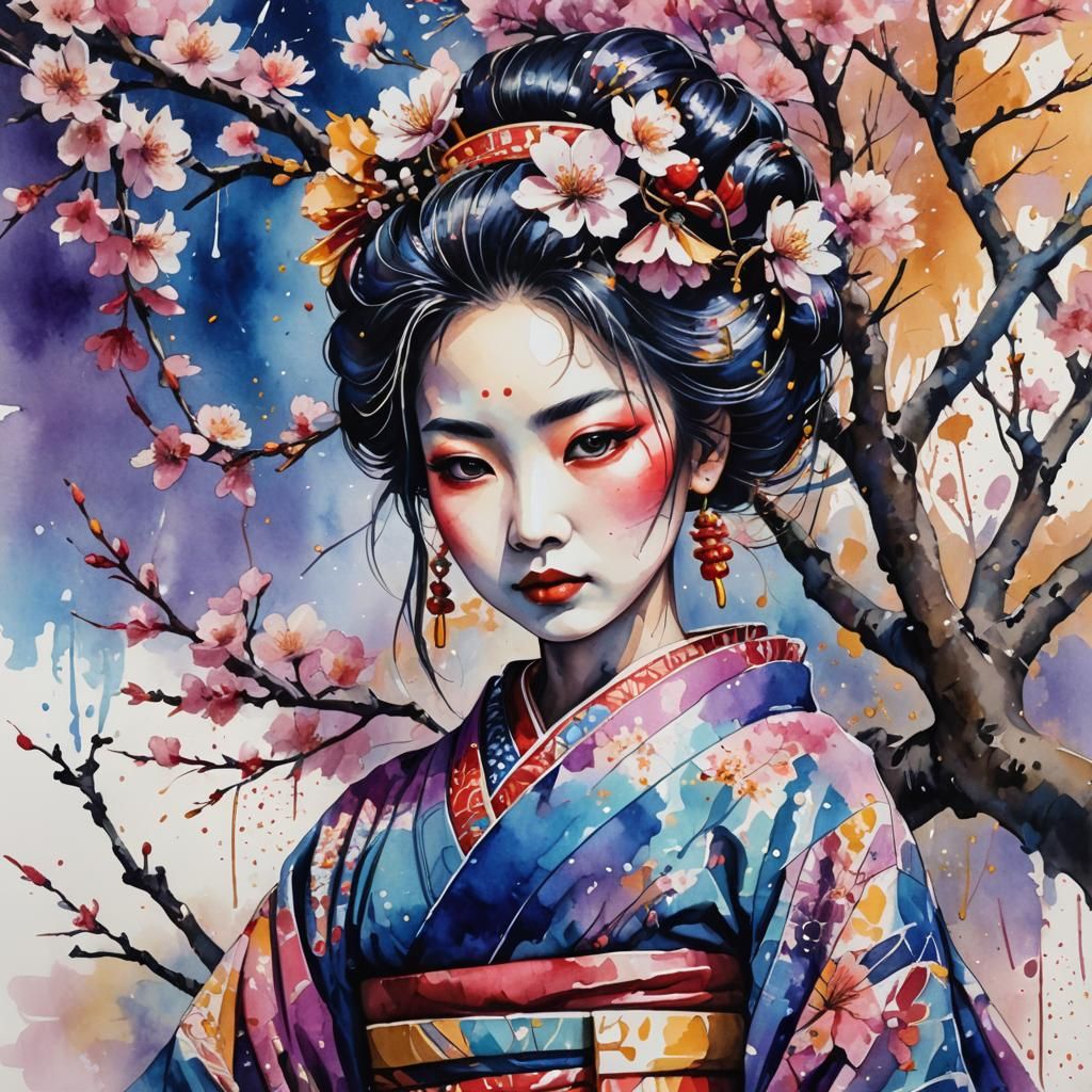 Geisha Portrait under Cherry Blossoms in Watercolor Style