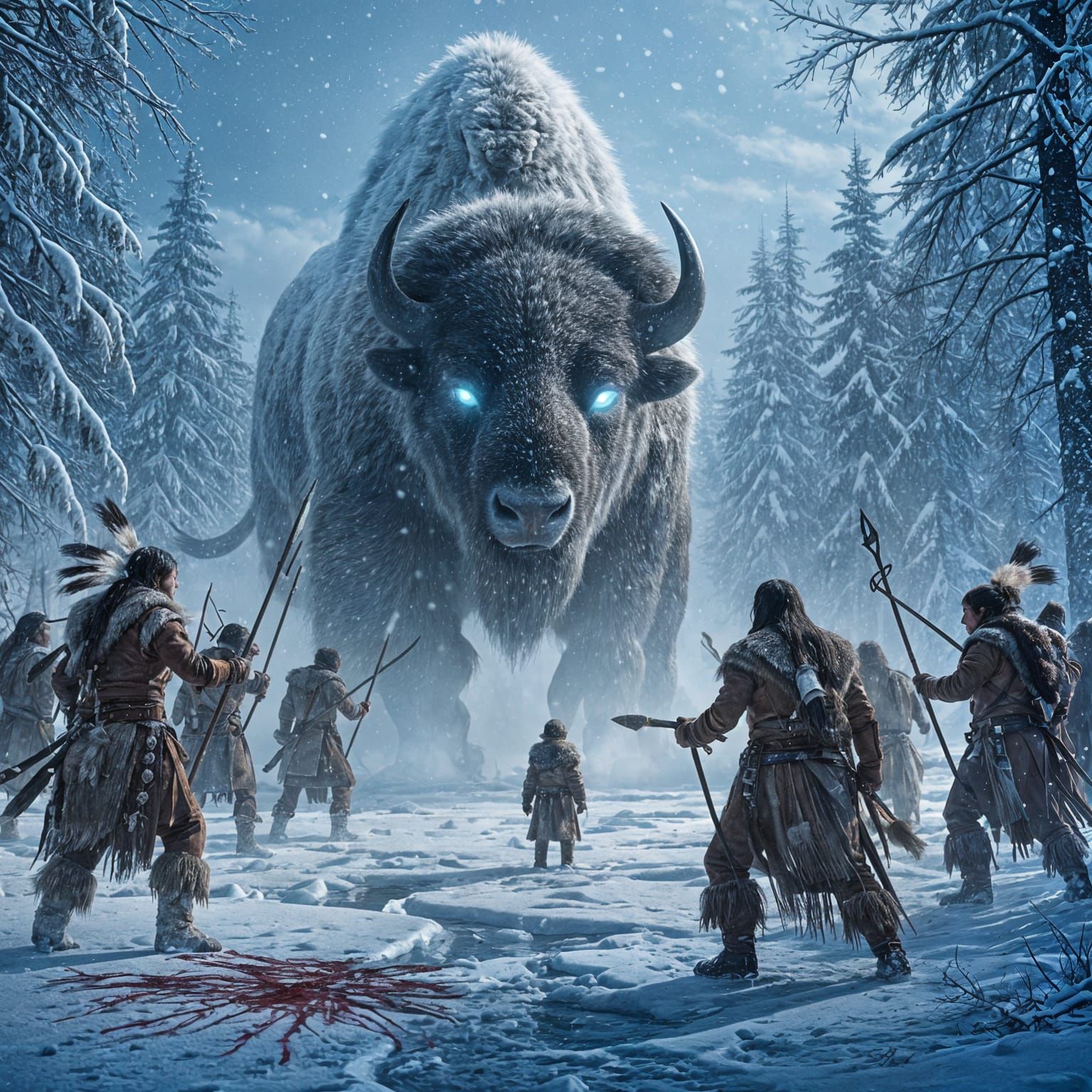 Native Warriors Battle Ghostly Bison in Winter Forest