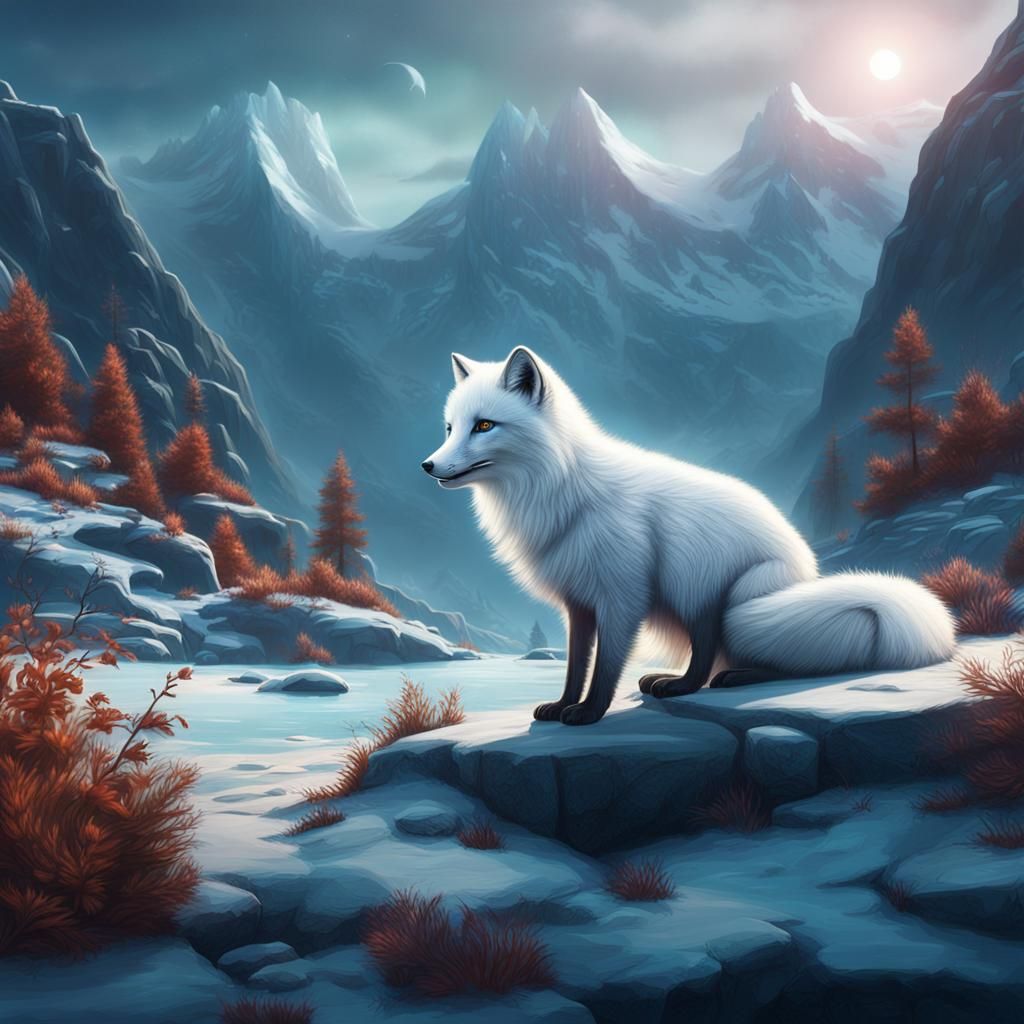 Arctic Fox in Detailed Fantasy Landscape