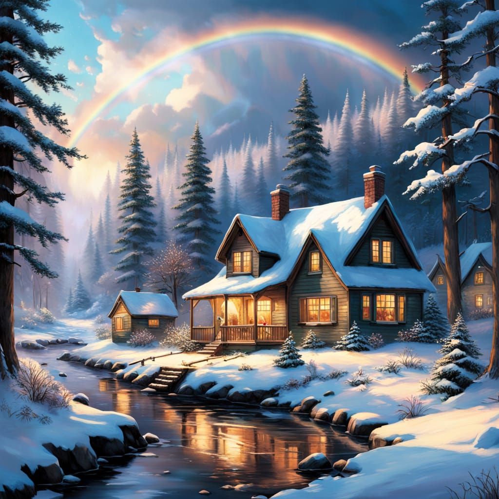 Winter Cottage Scene Through Camera Lens, Luminescent Style