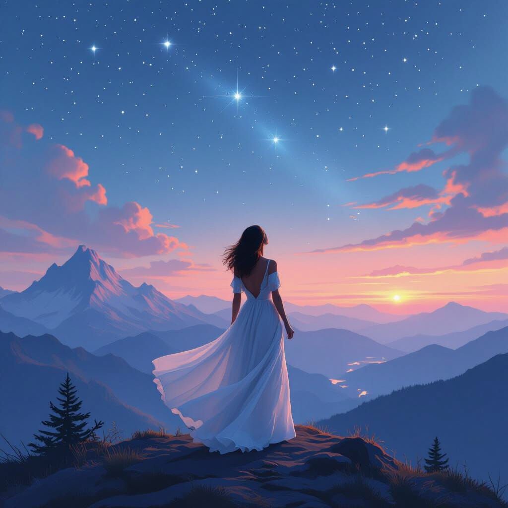 Woman Gazing at Stars in Dreamy Landscape