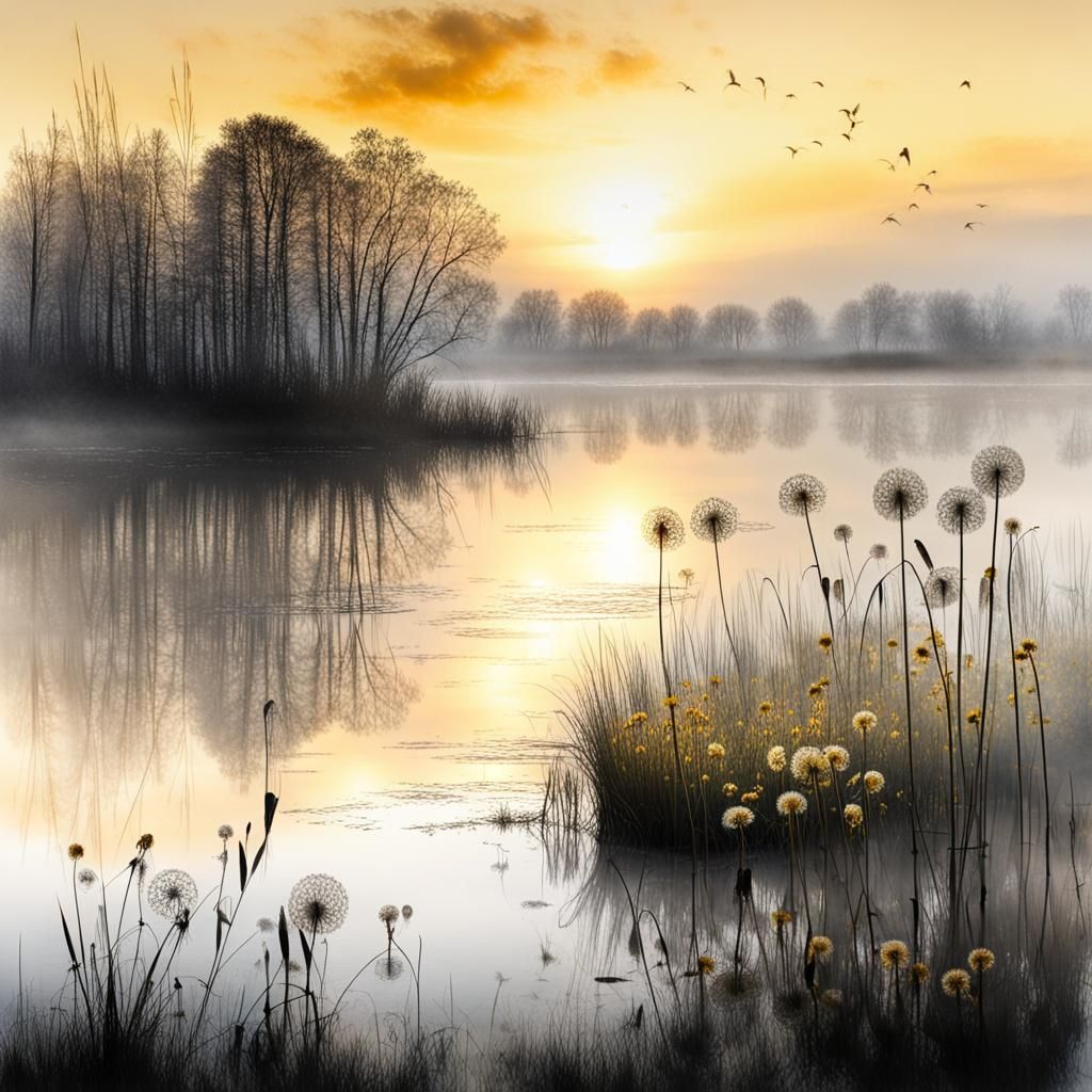 Dawn Over Lake with Silhouetted Wildflowers