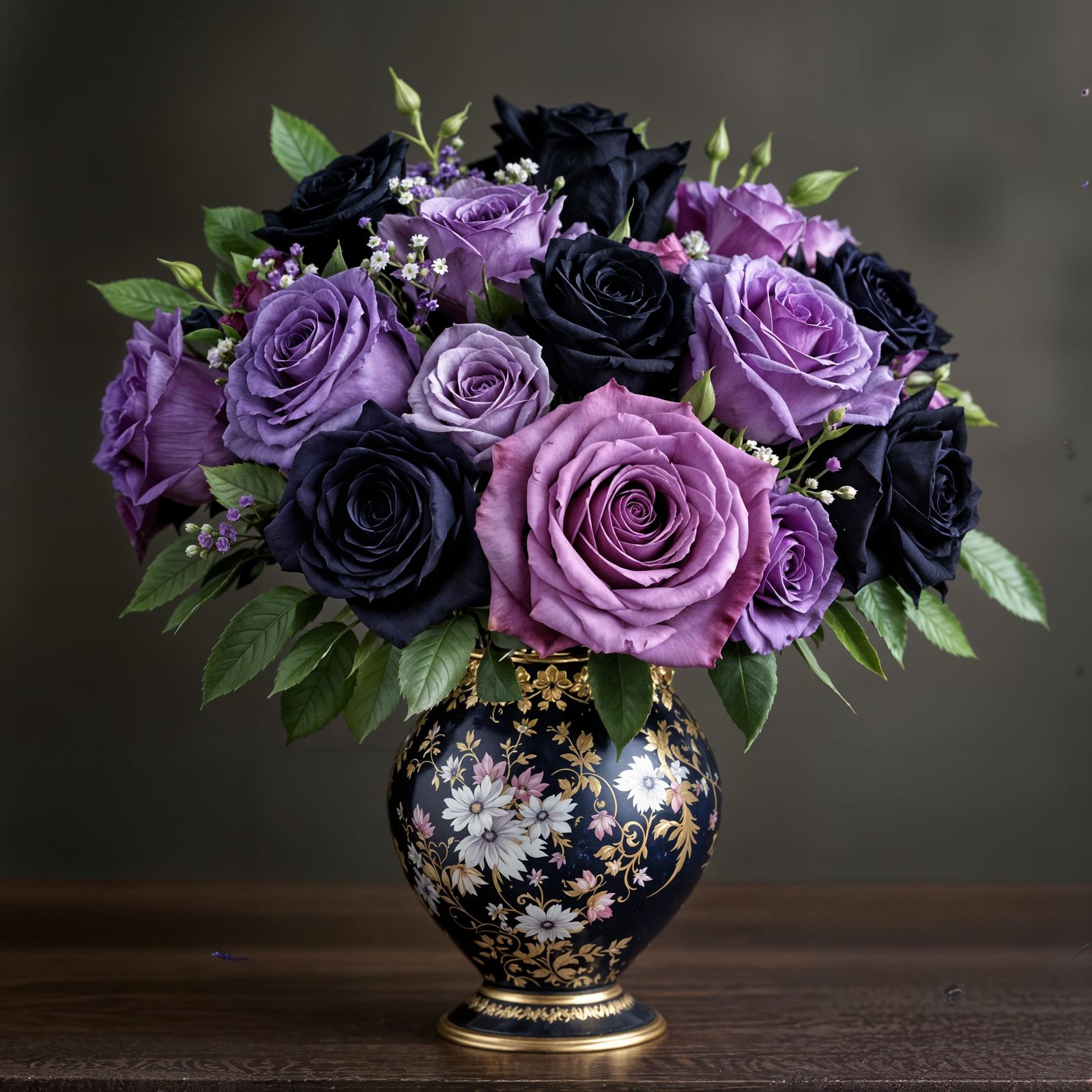 Purple and Black Rose Bouquet in Ornate Vase