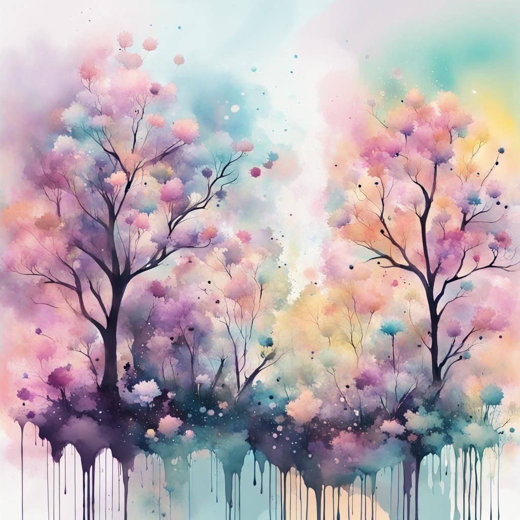 Pastel Ink Splash Meadow with Cosmic Flowers