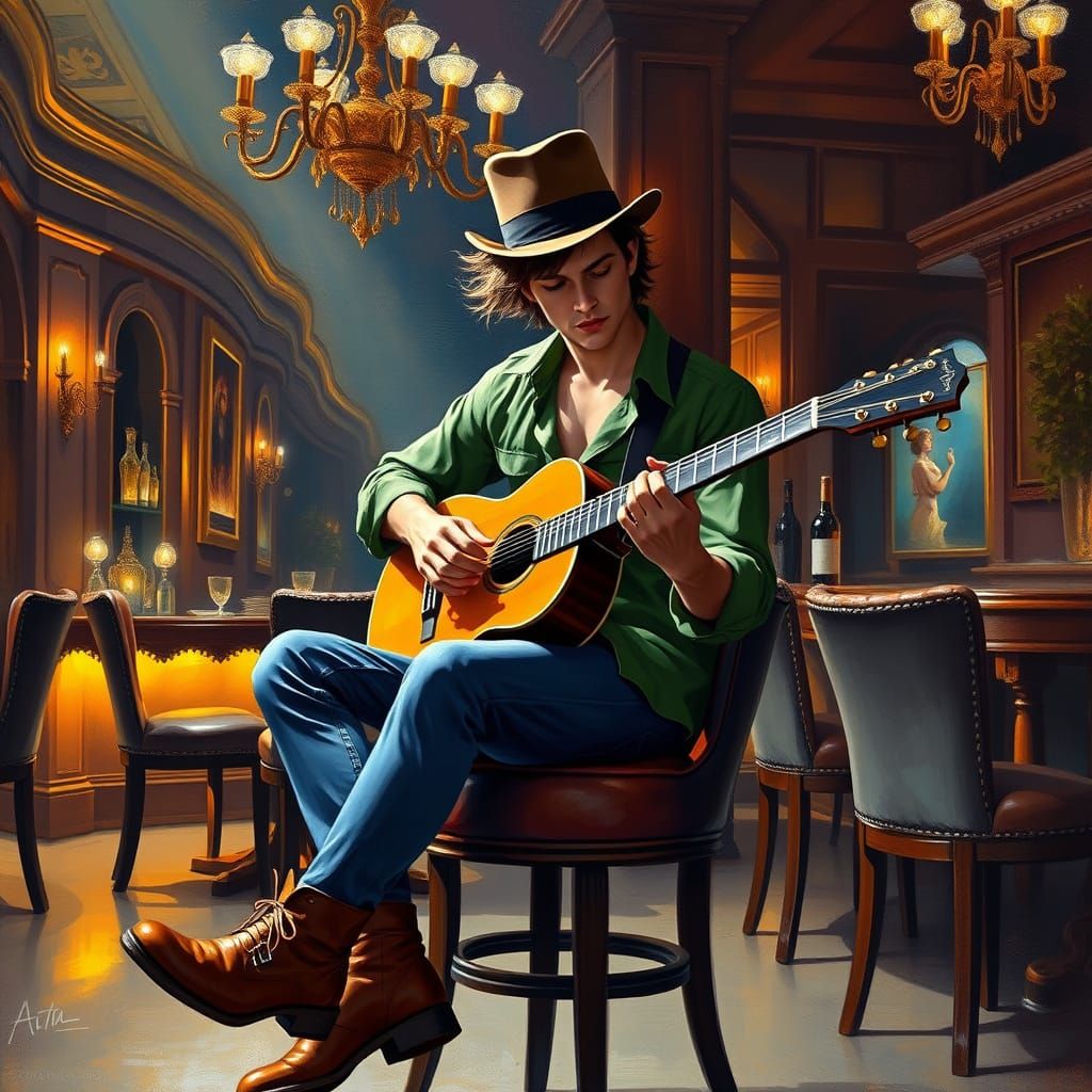 Gentleman in Top Hat Plays Guitar in Luxurious Bar