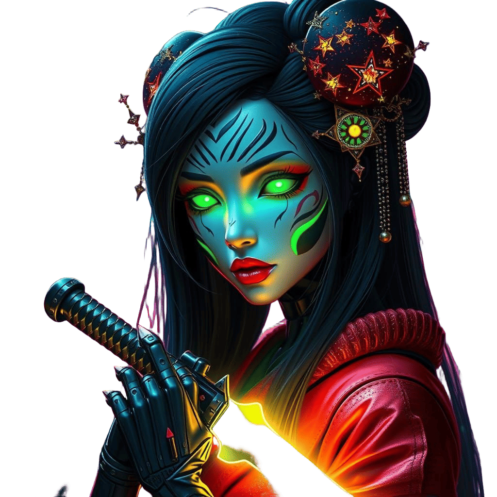 Realistic Robot Geisha in Triadic Colors with Glowing Eyes