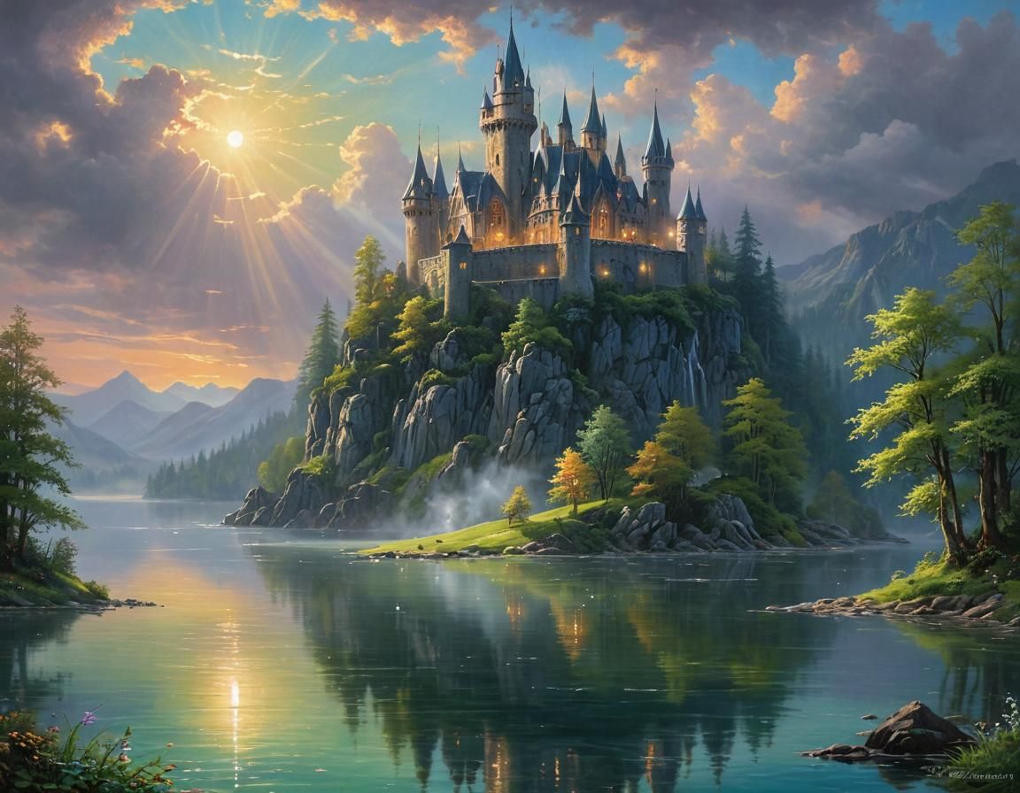 Enchanting Castle on Island in Ethereal Lake
