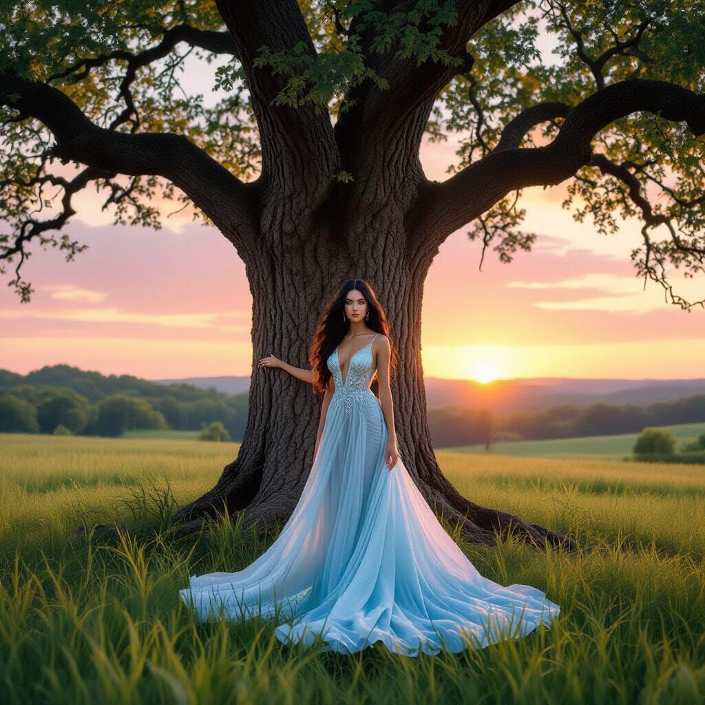 Ethereal Woman Greets Sunrise Under Oak Tree
