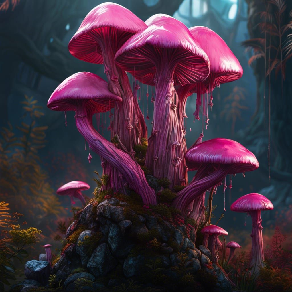 Pink Drip Mushrooms: Watercolor and Ink Concept Art