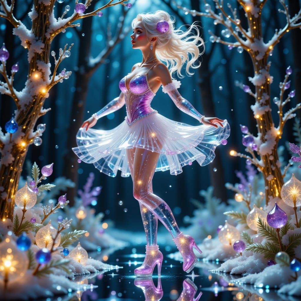 Crystal Glass Woman in Frosted Dress on Winter Night