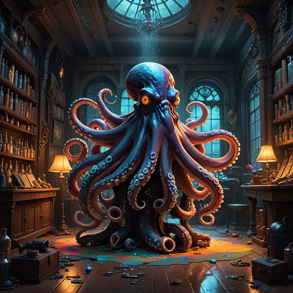 Octopus Stage Wizard's Shop Scene in Eerie Gothic Style