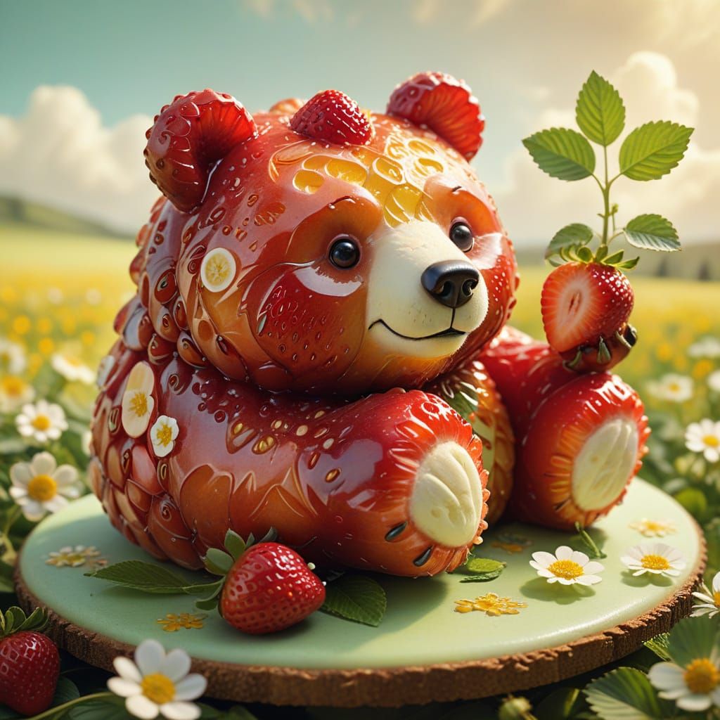 Strawberry Bear in Whimsical Dessert Meadow