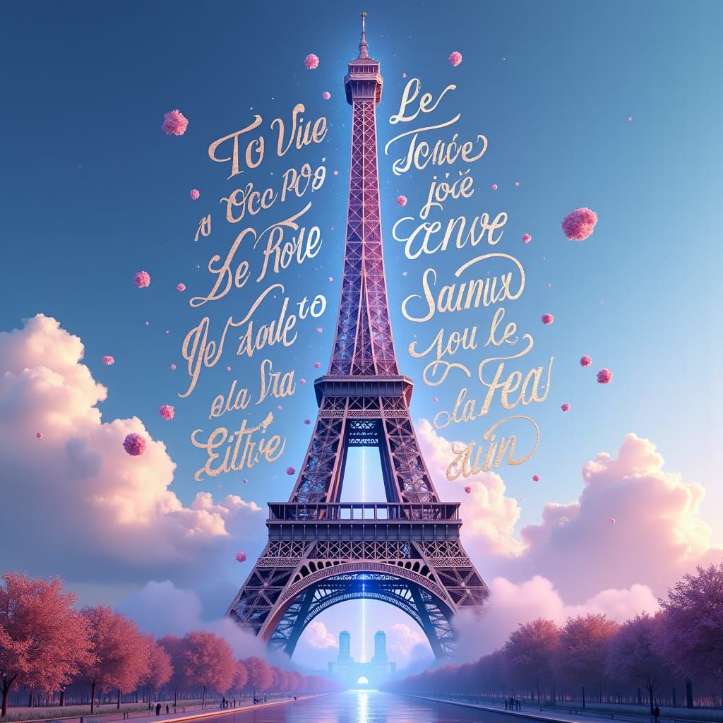 Eiffel Tower with Floating French Script in Art Nouveau Styl...