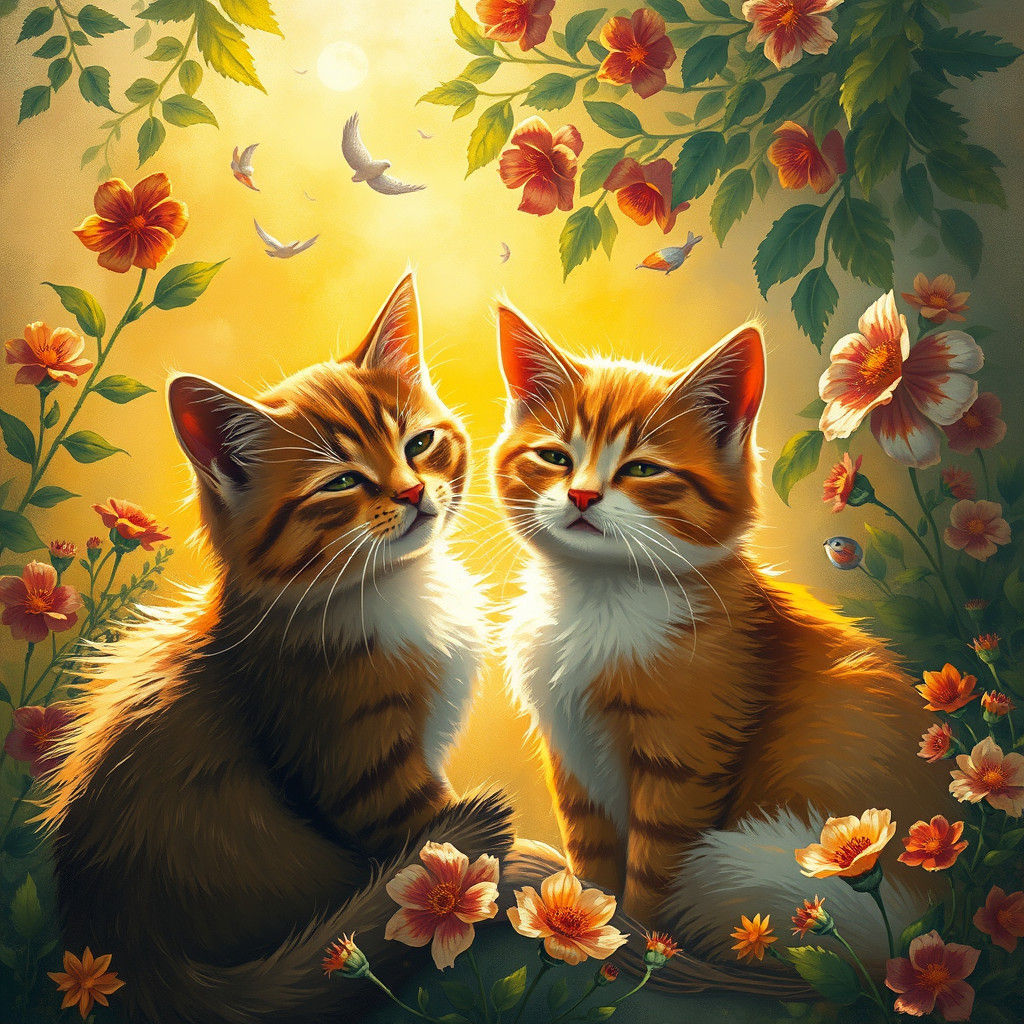 Dreamlike Cats in Garden, Surrealist Painting