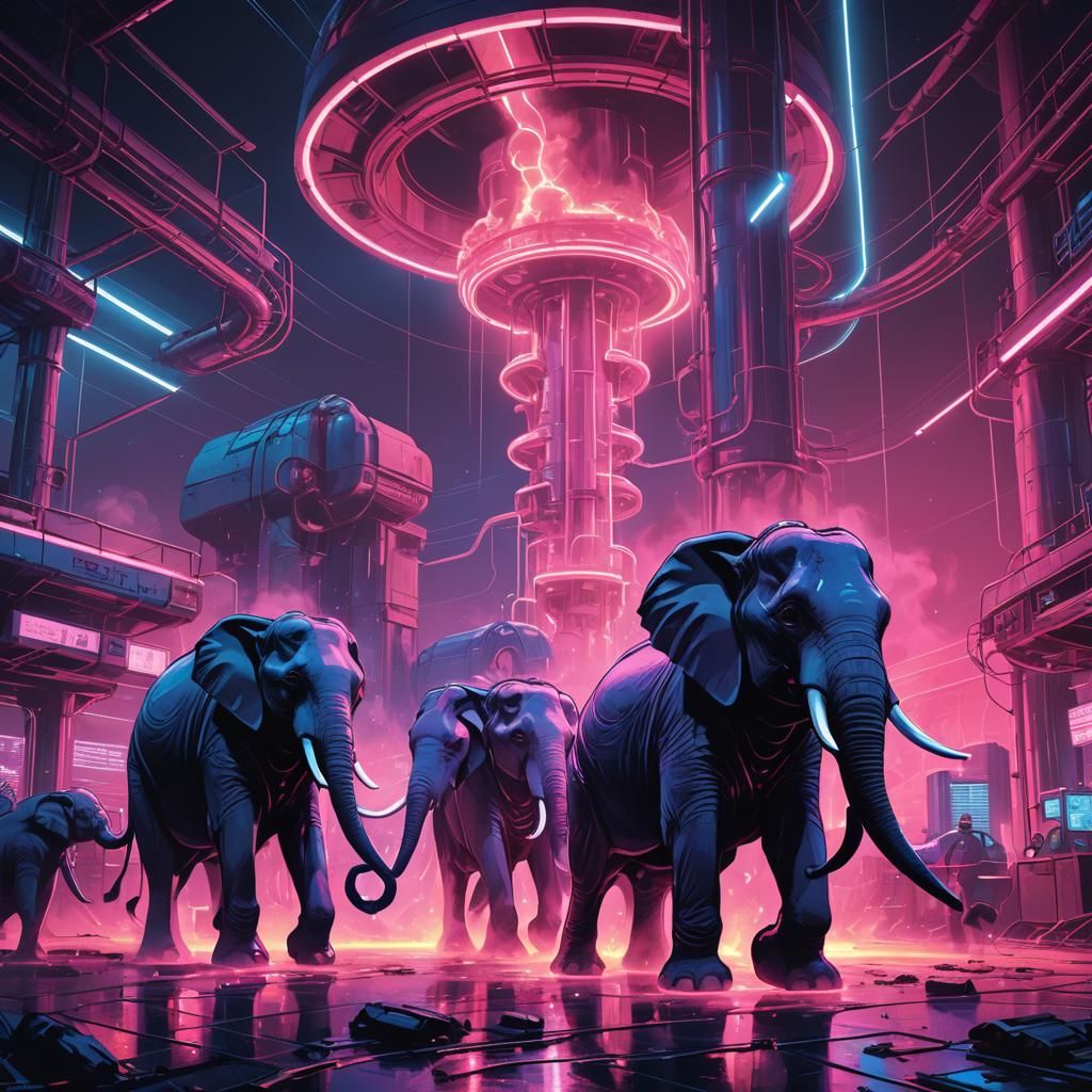 Elephants Fight in Neon Lit Nuclear Reactor