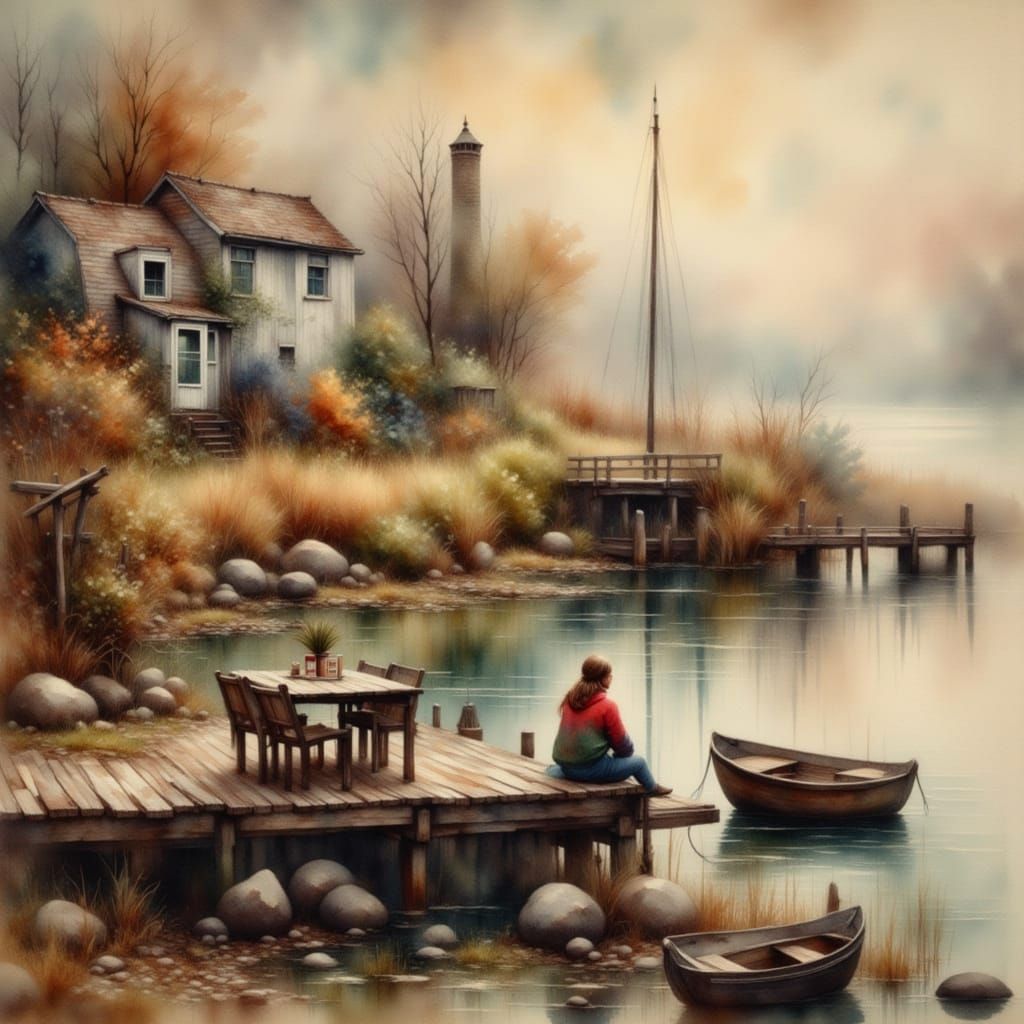 Dockside Contemplation in Antique Watercolor Style