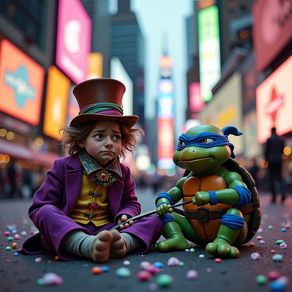 Oompa Loompa and Ninja Turtle Samurai in Times Square