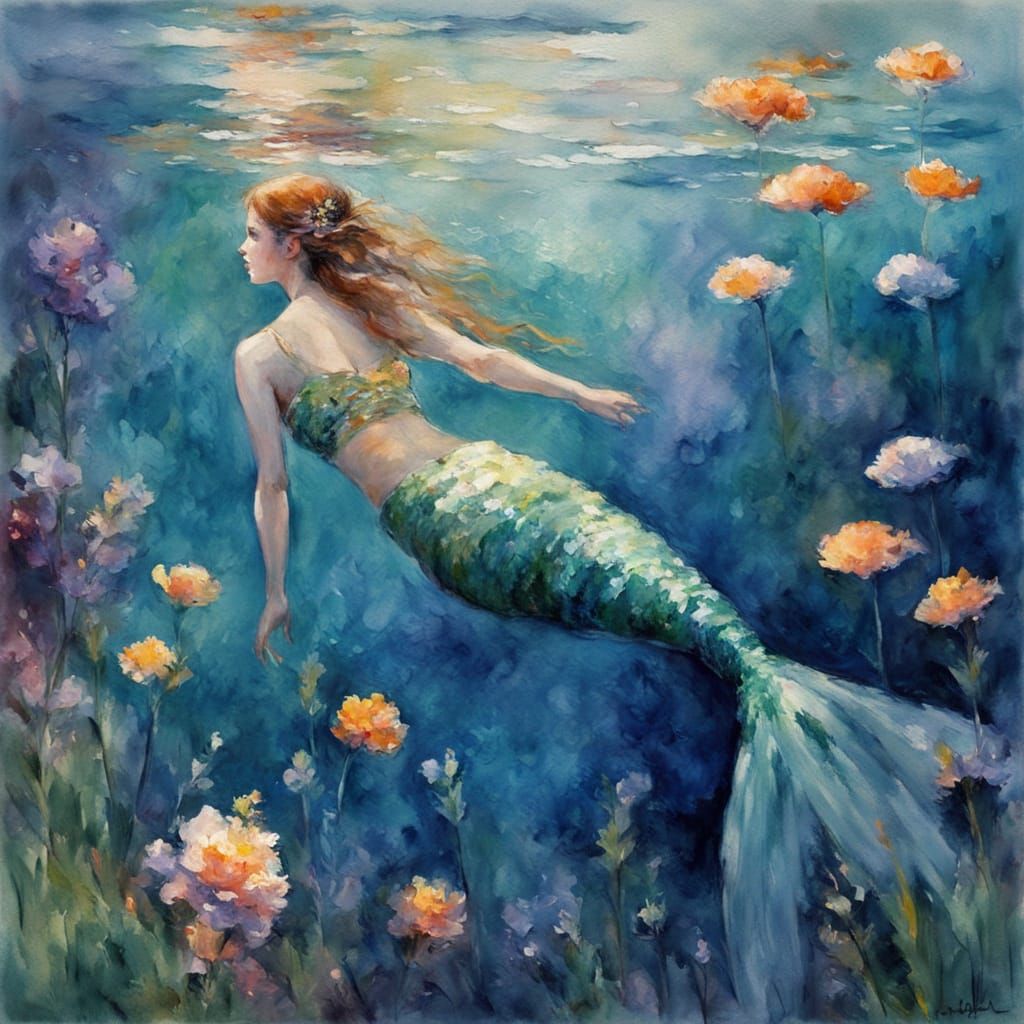 Enchanting Mermaid in Underwater Impressionist Garden