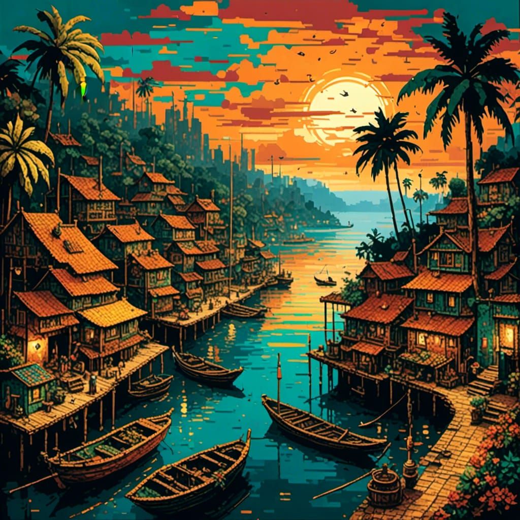 South Pacific Sunset: A Pixel Art Beach Village