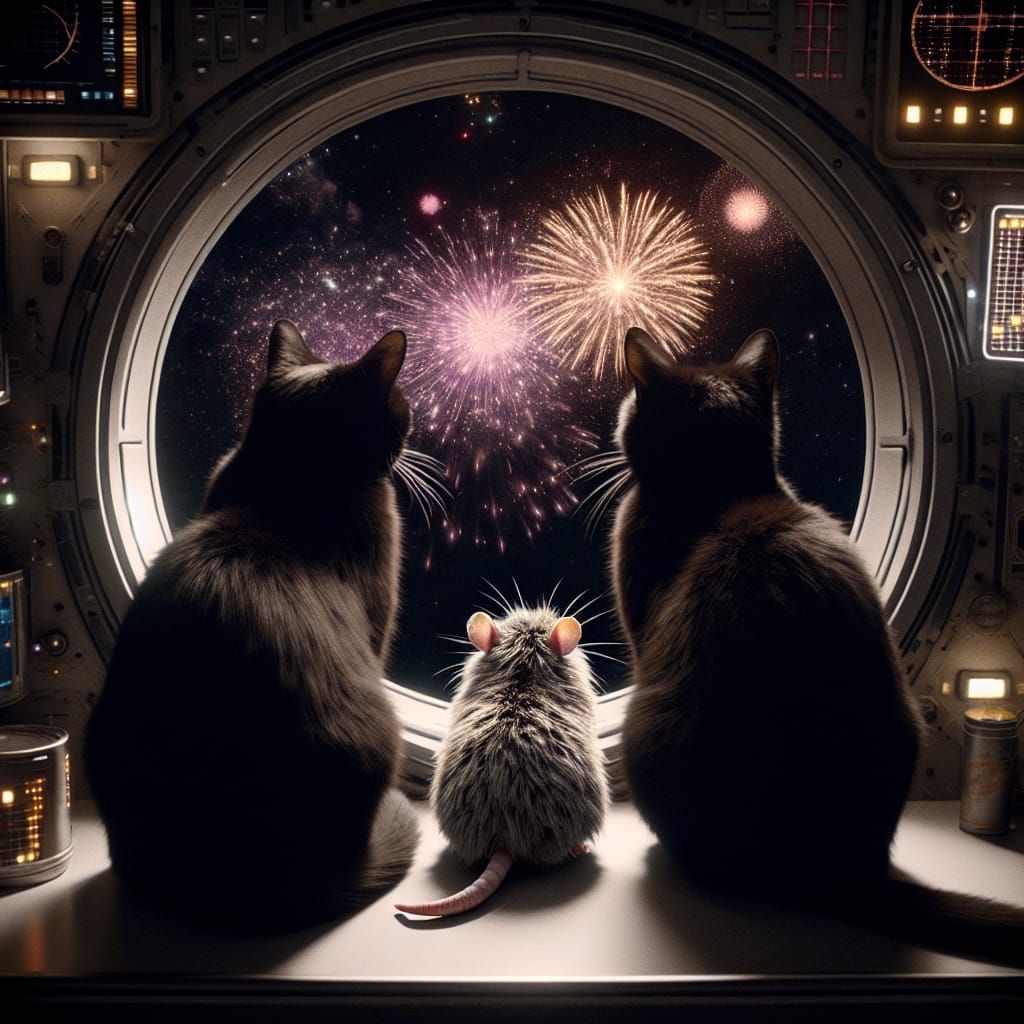Cosmic Feline Friends Marvel at New Year's Fireworks in Spac...