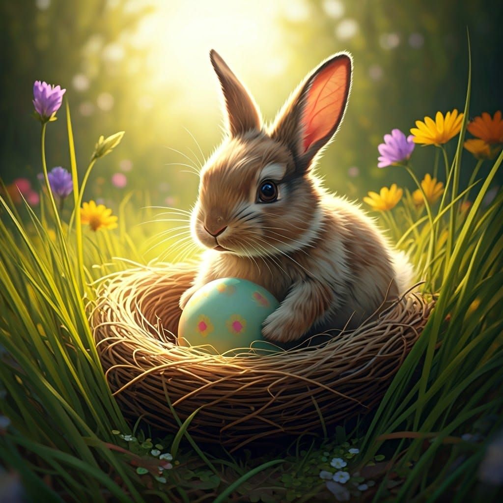 Whimsical Easter Bunny Lays Egg in a Sunny Meadow