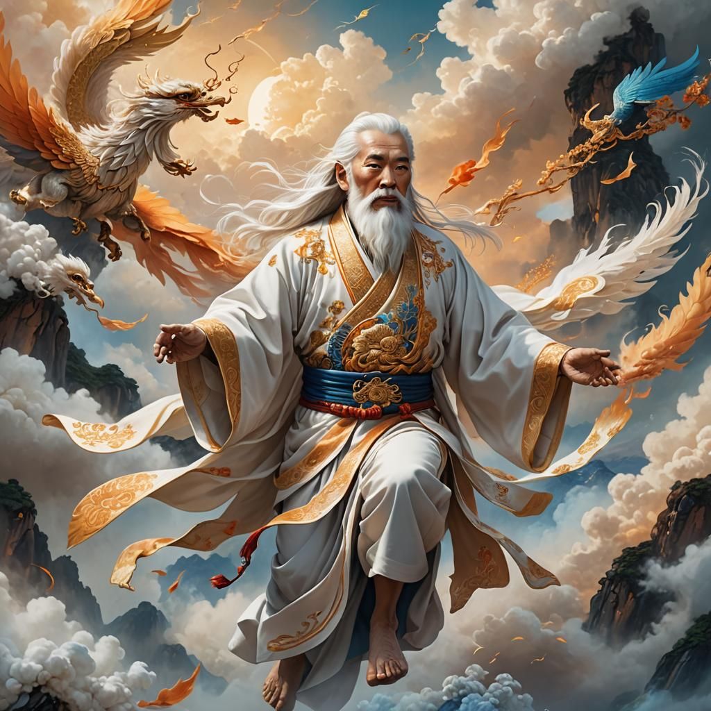 Chinese Deity Soaring in Traditional White Robes