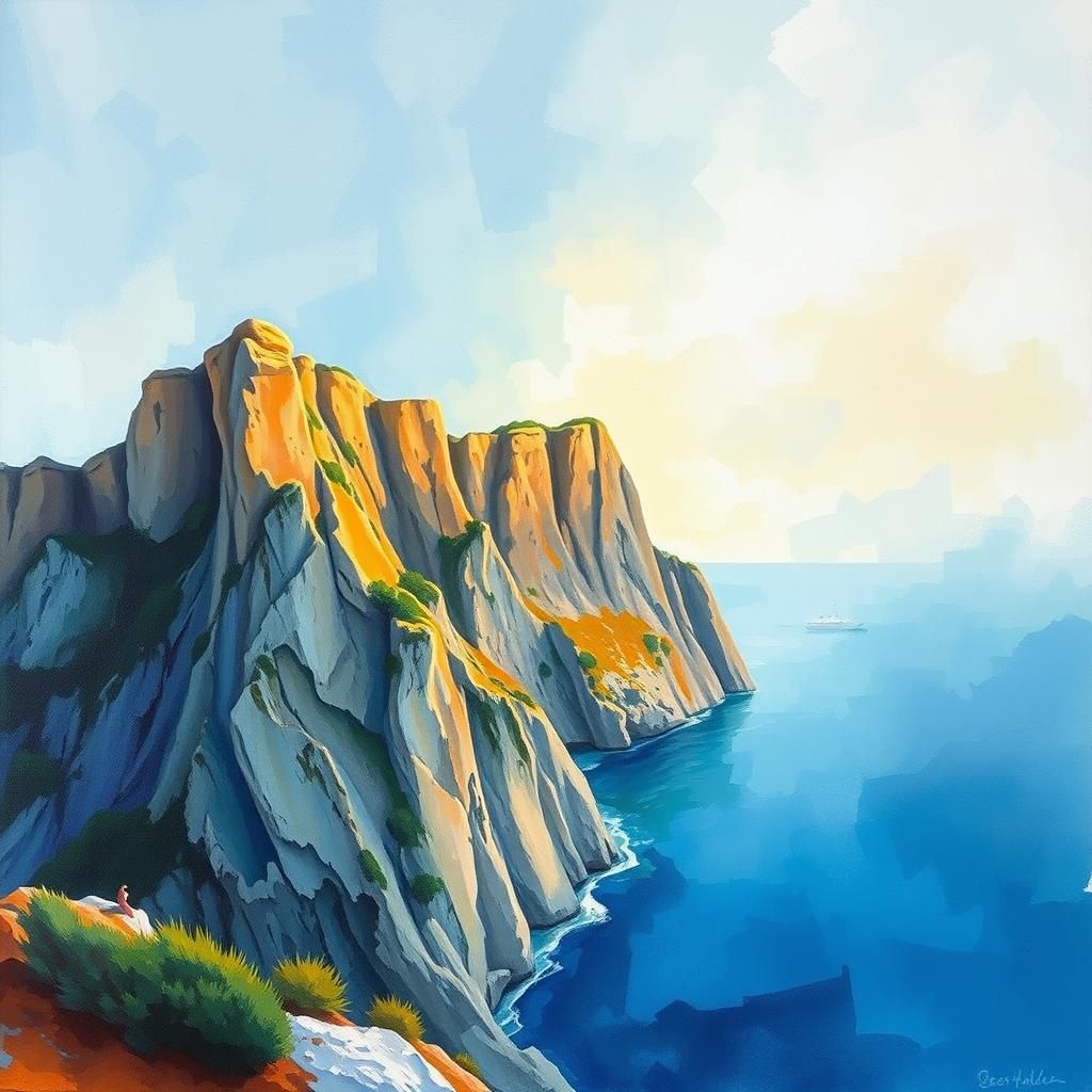 Gibraltar Rock at Golden Hour in Gouache Style