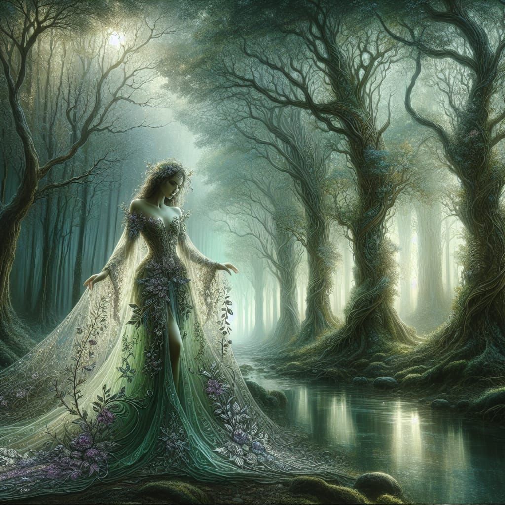 Enchanted Forest with Woman in Fairy-Tale Style