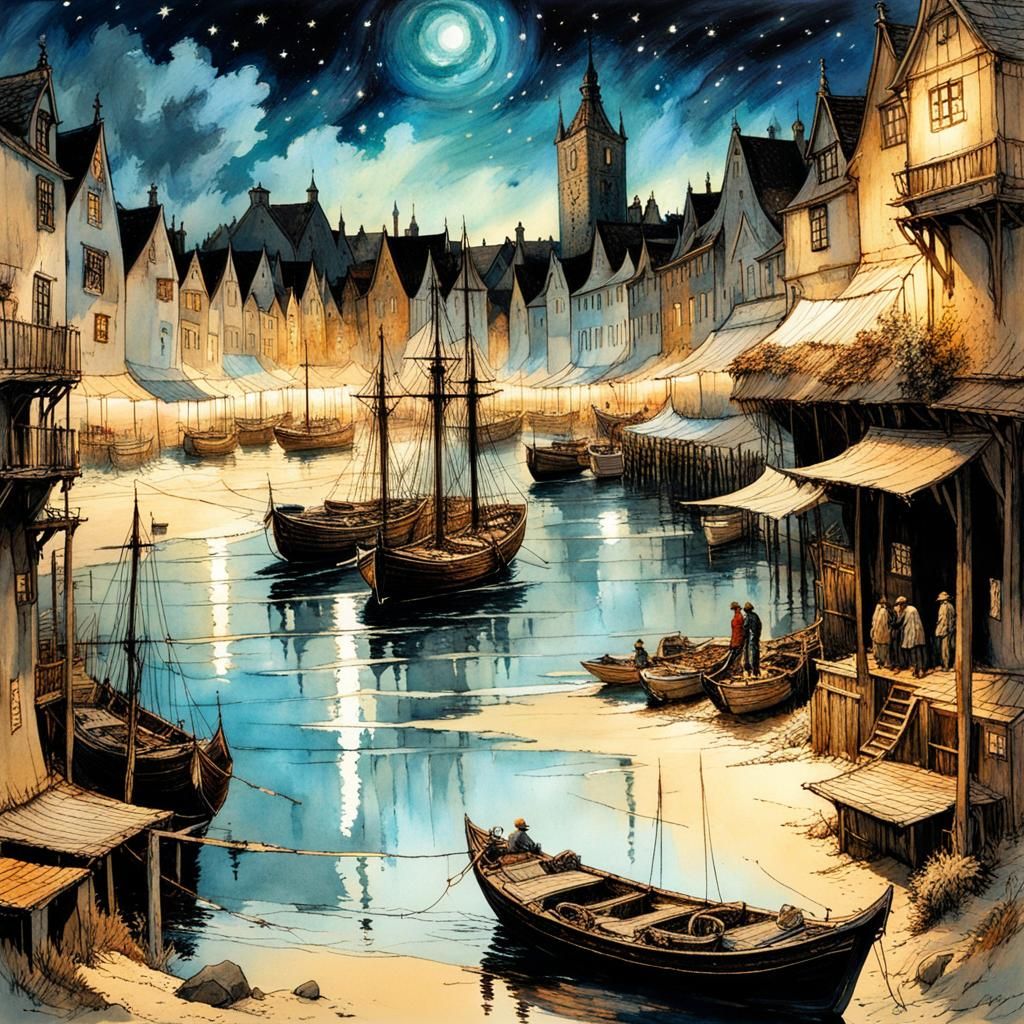 Medieval Port Town Under Starry Sky, Detailed Art