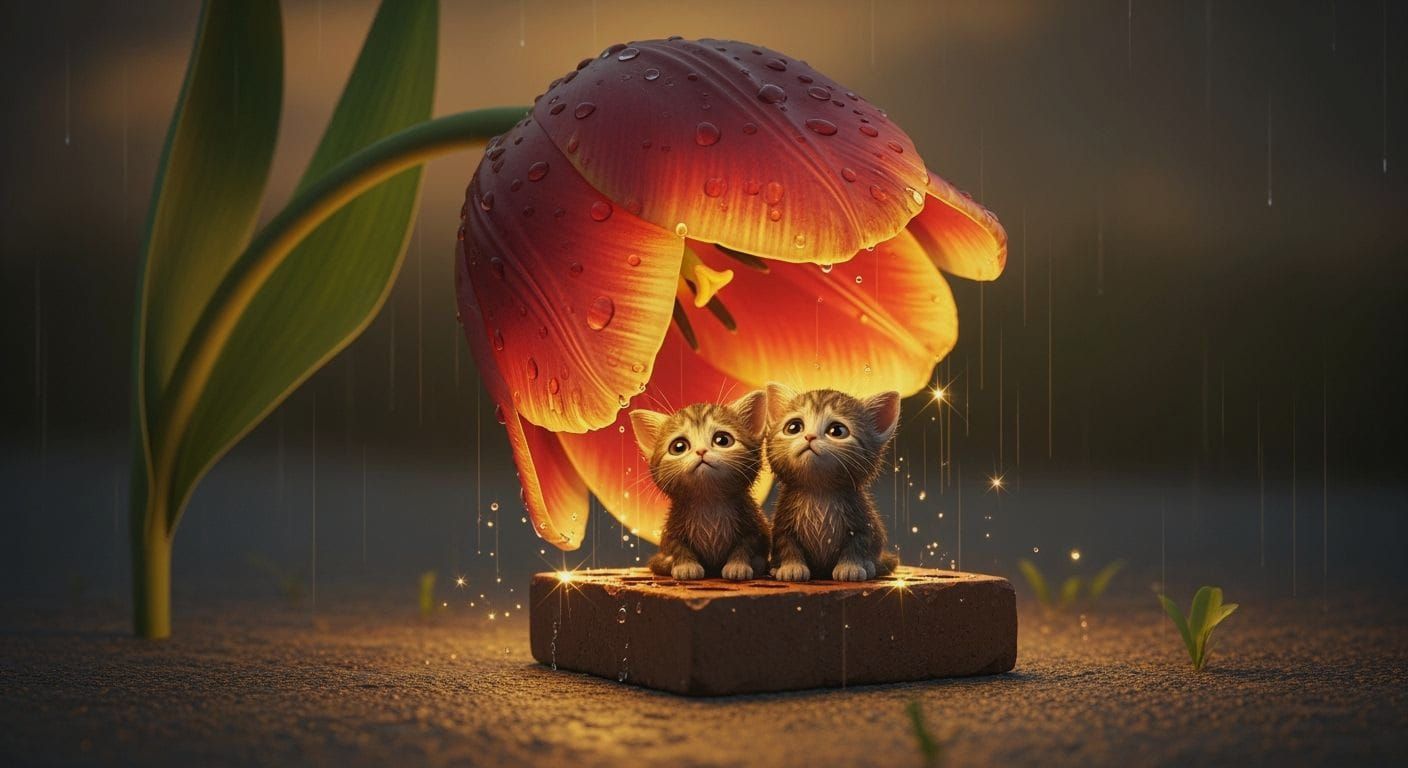 Golden Rain: Kittens Shelter Under Tulip Umbrella